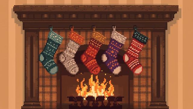 Pixel art cozy fireplace with five knitted stockings hanging from ornate wooden mantel