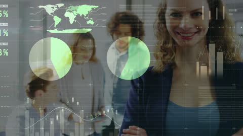 Happy Businesswoman with Visual Data Analytics Interface