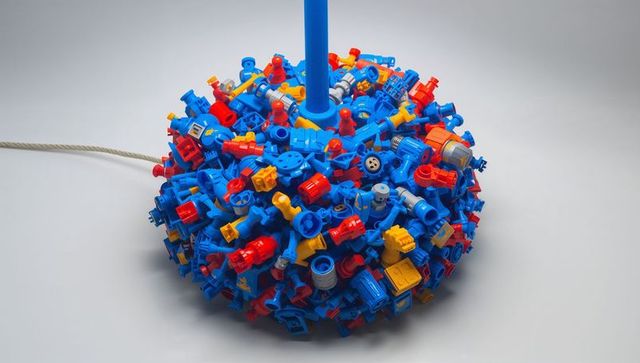 Vibrant modular toy parts forming spherical cluster around blue rod with braided rope