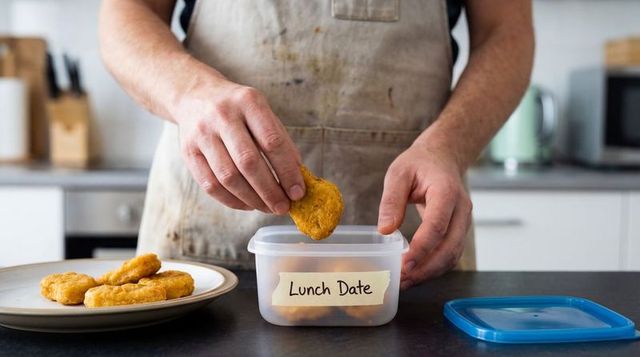 Placing chicken nugget into labeled lunch container on kitchen countertop