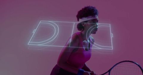 Tennis player in neon studio with digital court overlay