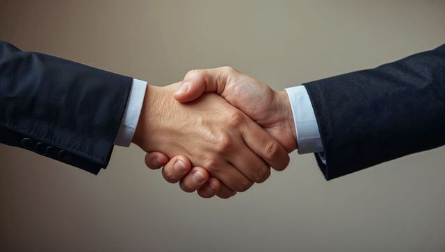 Business partners shaking hands in dark suits showing firm handshake and white shirt cuffs