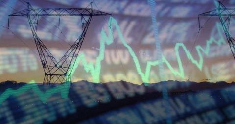 Overlaying energy market charts on transmission tower silhouette over mountain ridge at dusk