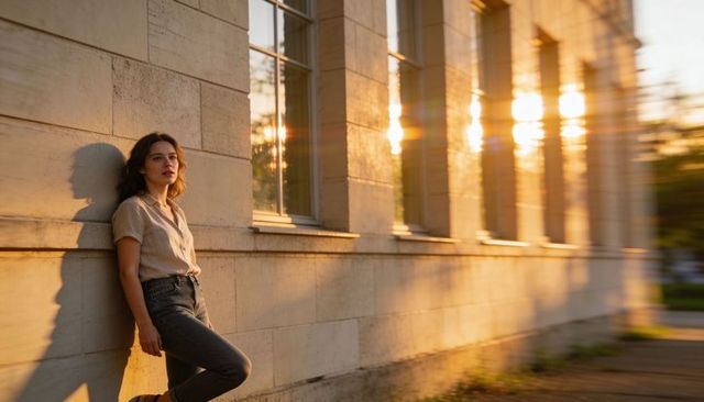 Young woman leaning against stone facade during golden hour sunlight and lens flare
