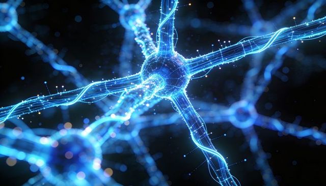 Pulsing neural network showing glowing neuron sending signals through axons and dendrites