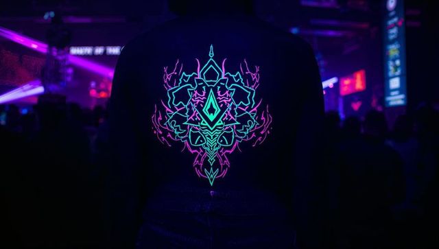 Man in neon geometric jacket watching concert with dynamic led backdrop
