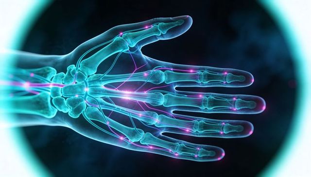 Visualizing hand skeletal anatomy and nerve pathways with glowing magenta synapse nodes