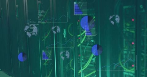 Monitoring network performance with server racks, green cabling and dashboards