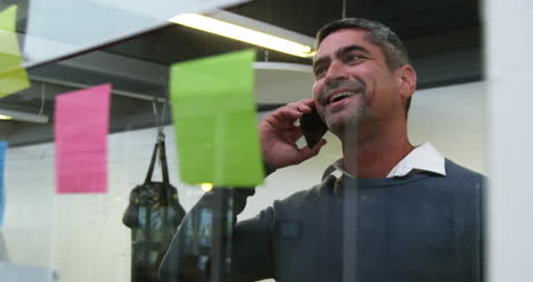 Smiling Businessman Discussing on Mobile Amid Office Brainstorming