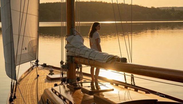 Young woman standing barefoot on classic wooden sailboat deck at golden hour sunset