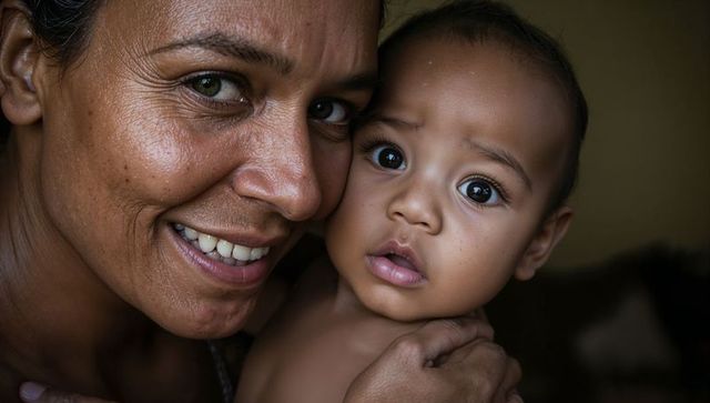 Smiling mother holding infant cheek-to-cheek closeup showing tender family bond