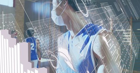Masked Basketball Player Wearing Blue Jersey with HUD Analytics Overlay and Performance Metrics