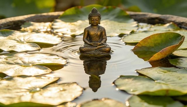 Bronze buddha statue reflecting on tranquil garden pond among sunlit lily pads with ripples