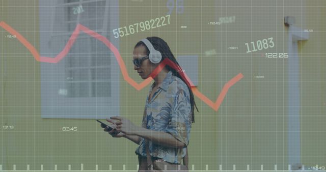 Young Man in Headphones Using Smartphone with Financial Data Overlay - Download Free Stock Images Pikwizard.com