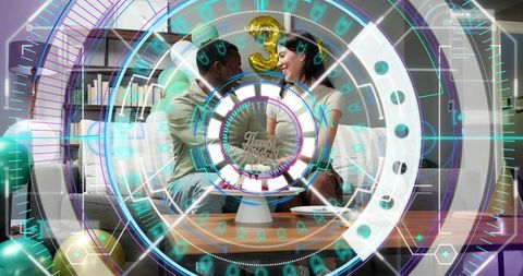 Couple celebrating third anniversary at home with cake, number 3 balloon and futuristic hud