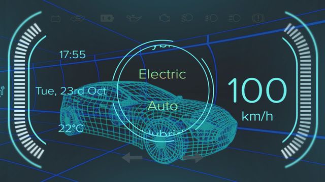 Futuristic animation displaying an electric car's dashboard with speed and power indicators. Suitable for illustrating concepts related to electric vehicles, green energy, automotive technology, digital design tools, or futuristic car interfaces in websites, presentations, or infographics.