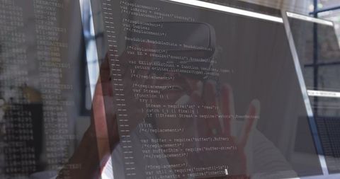 Senior Woman Examining Code Through Reflective Monitor Glass, Focused Programmer at Work