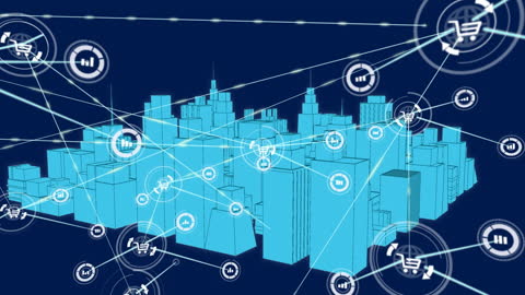3D Cityscape with Digital Network Connection Overlay