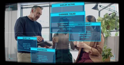 Business team analyzing cybersecurity breach on tablet with blue hud alerts