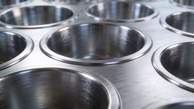 Brushed stainless steel muffin tray close-up reflecting light circular cavities texture