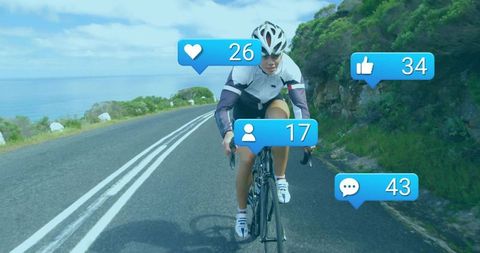 Cycling Woman on Coastal Highway with Social Media Reactions