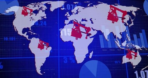 Displaying global oil production map with live analytics, pumpjack icons and metrics