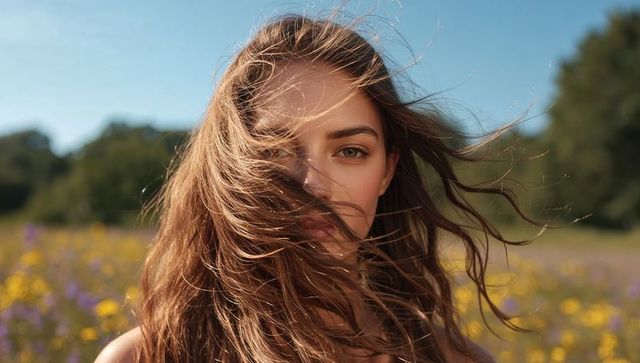 Woman with Flowing Hair in Wildflower Field Under Blue Sky