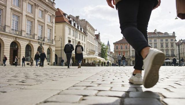 Low-angle walking on cobblestone square in historic european town center, casual sneakers