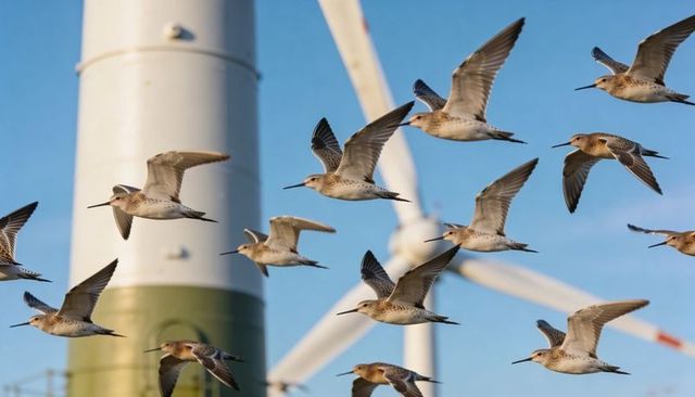 Shorebird flock flying past offshore wind turbines at golden hour coastal migration