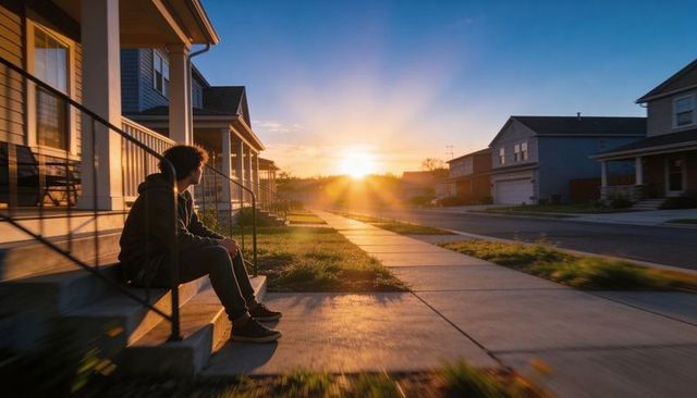 Teen sitting on porch steps watching sunset in quiet suburban neighborhood at golden hour