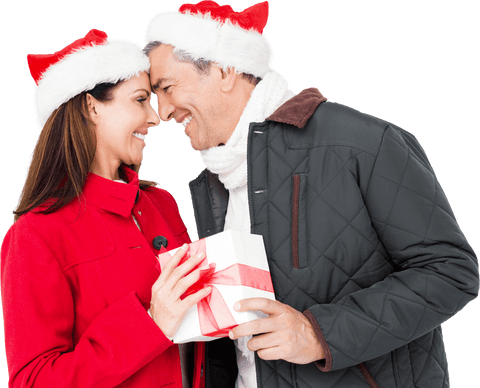 Romantic Couple Sharing Christmas Gift with Transparent Background