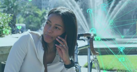 Woman Using Smartphone with Digital Network Connections Overlay