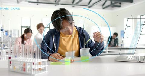 Teen Mixing Fluorescent Green Liquid with Pipette Wearing Safety Goggles in Science Lab