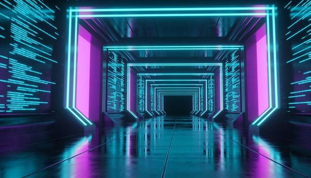 Neon cyber tunnel converging to vanishing with scrolling code panels and reflective floor