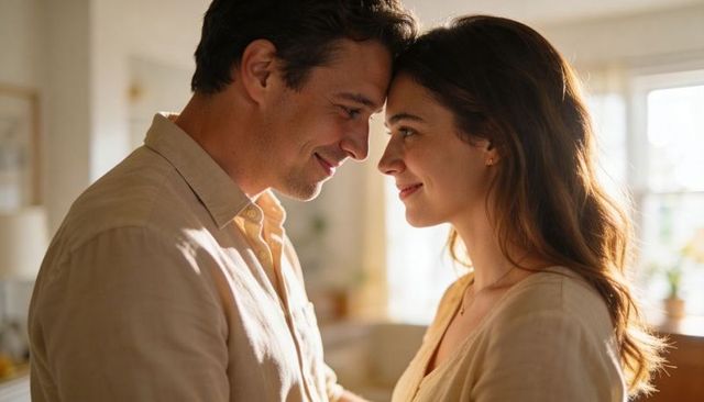 Couple leaning foreheads and smiling in sunlit kitchen embracing cozy moment