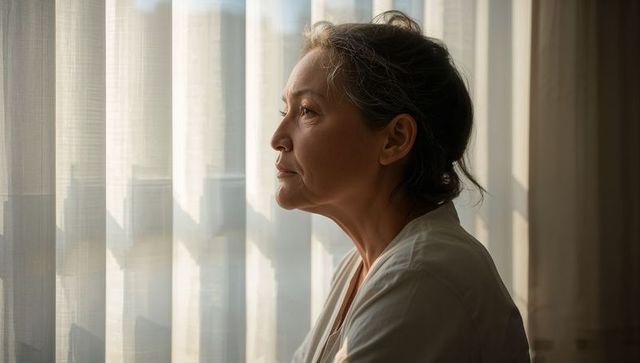 Senior asian woman gazing through sheer curtains during quiet morning reflection