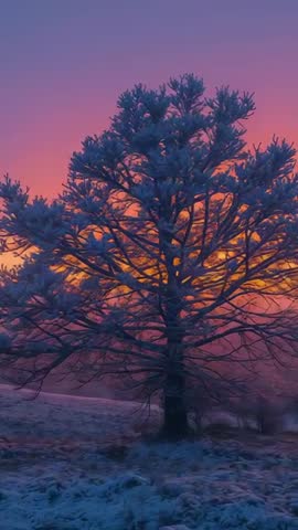 Vertical video: Frosted pine standing against vibrant sunrise gradient on misty slope