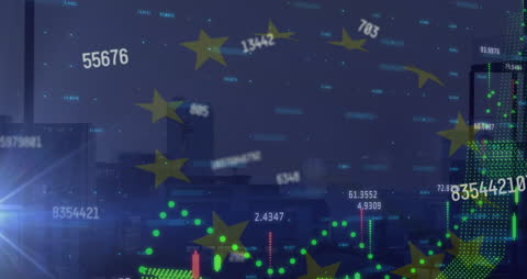 EU Flag Overlay with Financial Data and Cityscape