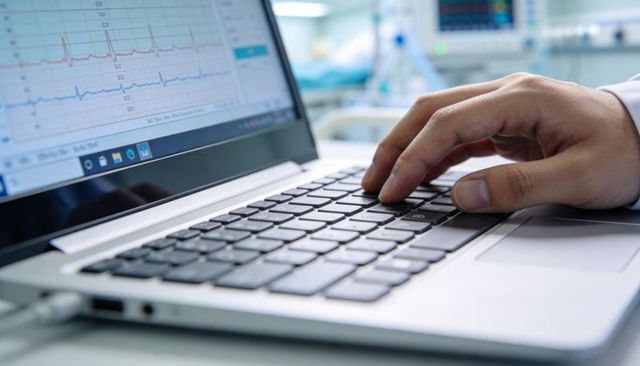 Clinician typing on laptop with ecg waveform on screen at hospital bedside monitoring