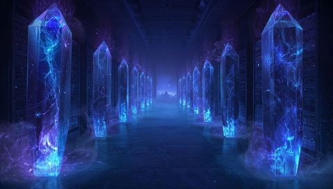 Futuristic crystal energy phenomenon in digital server corridor