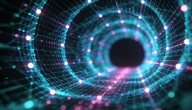Neon wireframe vortex spiraling into digital tunnel with glowing nodes cyan pink cyber