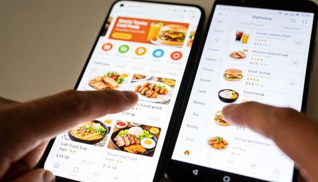 Dual smartphones displaying food delivery menus with fingers tapping to select orders