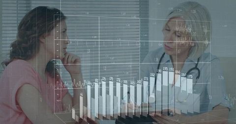 Doctor consulting patient while analyzing interactive medical charts and health data