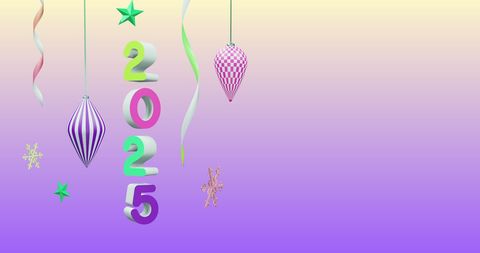 New Year 2025 with Festive Ornaments on Purple Gradient Background