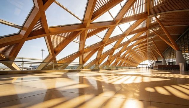 Highlighting wooden lattice curving over airport concourse casting warm sunlight patterns