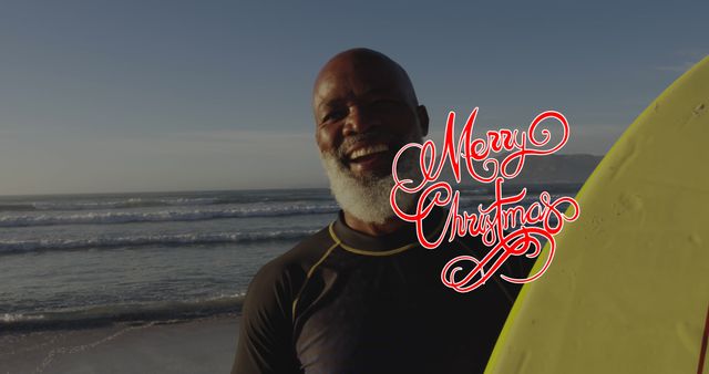 Happy Elder Smiling with Surfboard on Ocean in Merry Christmas Calligraphy - Download Free Stock Images Pikwizard.com