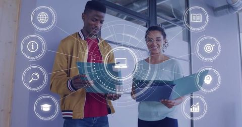 Professionals Collaborating with Digital Interface Overlay