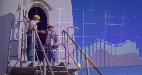 Wind turbine technicians inspecting access platform with safety harnesses and data overlay