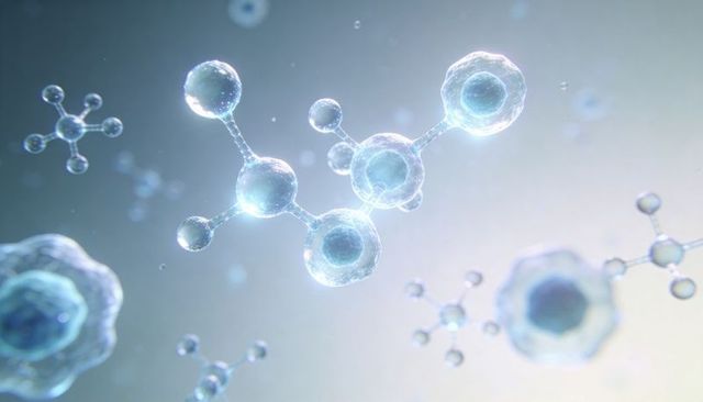 Glowing translucent molecular structure with connected spherical units and luminous cores for medica