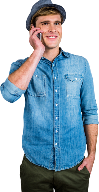 Smiling Man in Denim Engaged in Phone Conversation Transparent - Download Free Stock Videos Pikwizard.com